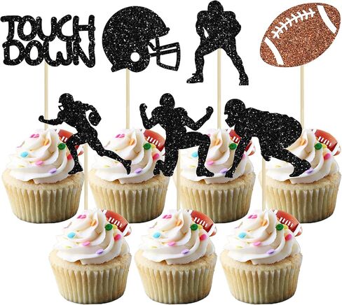 Gyufise 28Pcs Rugby Ball Cupcake Toppers Black Football Players Sport Cupcake Picks Football Cupcake Toppers Super Rugby Touch Down Sports Theme Baby Shower Birthday Party Cake Decorations Supplies in Saudi Arabia