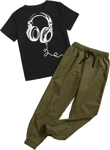 GORGLITTER Boy's 2 Piece Outfits Graphic Print Short Sleeve Tee Shirt Drawstring Waist Pants Set in Saudi Arabia