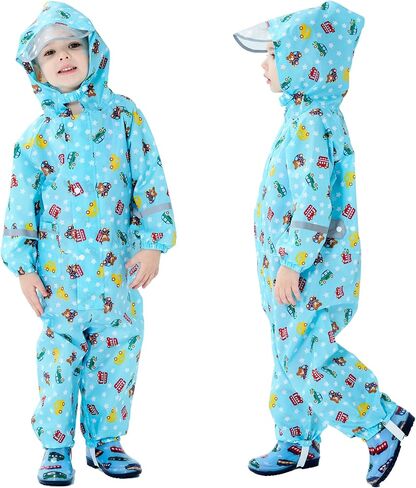 Fewlby Toddler Rain Suit for Boys Girls Kids Raincoats With Hood One Piece Baby Rain Jacket Waterproof Coverall 1-10 Years in Kuwait