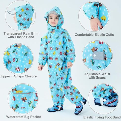 Fewlby Toddler Rain Suit for Boys Girls Kids Raincoats With Hood One Piece Baby Rain Jacket Waterproof Coverall 1-10 Years in Kuwait