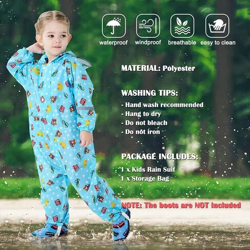 Fewlby Toddler Rain Suit for Boys Girls Kids Raincoats With Hood One Piece Baby Rain Jacket Waterproof Coverall 1-10 Years in Kuwait