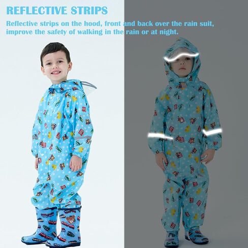 Fewlby Toddler Rain Suit for Boys Girls Kids Raincoats With Hood One Piece Baby Rain Jacket Waterproof Coverall 1-10 Years in Kuwait