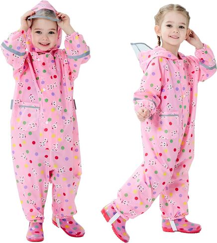 Fewlby Toddler Rain Suit for Boys Girls Kids Raincoats With Hood One Piece Baby Rain Jacket Waterproof Coverall 1-10 Years in Kuwait