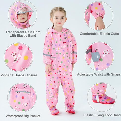 Fewlby Toddler Rain Suit for Boys Girls Kids Raincoats With Hood One Piece Baby Rain Jacket Waterproof Coverall 1-10 Years in Kuwait