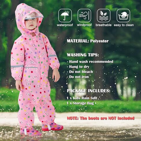 Fewlby Toddler Rain Suit for Boys Girls Kids Raincoats With Hood One Piece Baby Rain Jacket Waterproof Coverall 1-10 Years in Kuwait