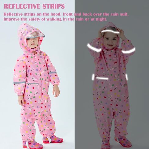 Fewlby Toddler Rain Suit for Boys Girls Kids Raincoats With Hood One Piece Baby Rain Jacket Waterproof Coverall 1-10 Years in Kuwait