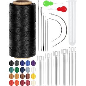 PLANTIONAL Leather Upholstery Sewing Waxed Thread: 218 Yards 210D Wax String Set with 30Large Eye Hand Sewing Needles,2 Curved Needle and 2 pcs Needle threaders