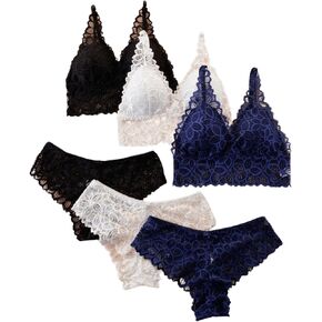 Verdusa Women's 3 Pack Floral Lace Padded Bra and Panty Set Lingerie Sets