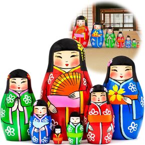 AEVVV Japanese Nesting Dolls Set of 7 pcs - Matryoshka Doll in Japanese Kimono - Wooden Kokeshi Dolls - Wooden Geisha Doll - Daruma Doll - Japanese Decor