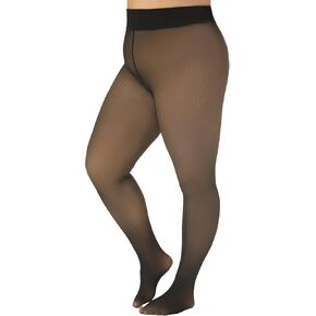 Plus Size Fleece Lined Tight, Fake Translucent Winter Warm Thermal Leggings for Women, Black Thick Pantyhose