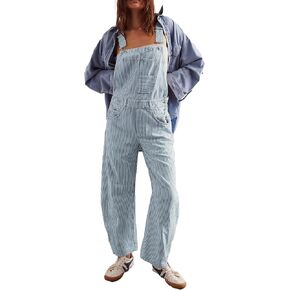 D-Sun Women's Striped Bib Overall Barrel Casual Tapered Overall Pants Wide Leg Adjustable Straps Stretch Jumpsuits