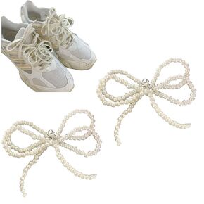 2 pcs Pearls Bowknot Shoe Decoration Charms for Sneakers Dress Shoes Elegant Buckle Pearl Beaded Chain for Women DIY Shoe Lace Charms Shoe Accessories for Wedding Gift (White)