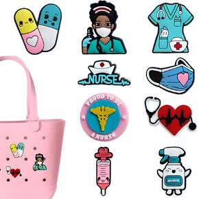 Nurse Charms for Bogg Bag, Nurse Themed, Compatible with Simply Southern Beach Tote, 9pcs Beach Bag Charms Rubber Inserts Accessories for Women Girls (Nurse Life)