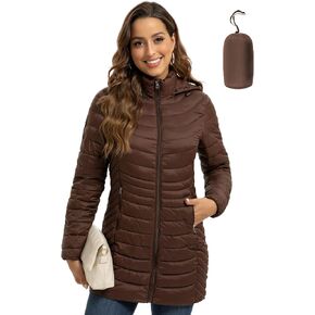 ROYAL MATRIX Packable Puffer Jacket for Women Hooded Lightweight Quilted Travel Long Puffer Coat with Pockets