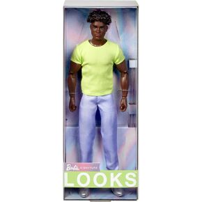 Barbie Looks Ken Doll, Collectible No. 25 with Curly Black Hair & Modern Y2K Fashion, Chartreuse Tee & Pastel Trousers with Silver Boots