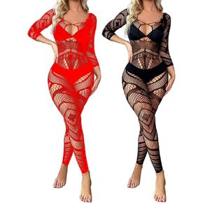 Women's Long Sleeve Open Low Cut Body Stocking Lingerie Women's Mesh Bodystocking Off The Shoulder Fishnet Bodysuit (Black + Red)