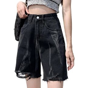 Y2K Goth Aesthetic Vintage Casual High Waisted Wide Leg Loose Ripped Raw Edge Hem Tie-Dye Jean Bermuda Shorts