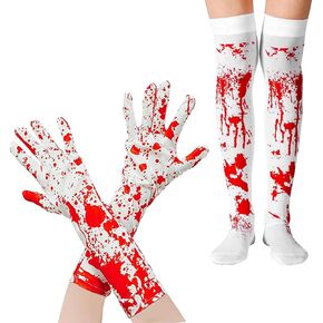 2 pair Halloween Bloody Socks Gloves Long Sleeve Ghost Hand Blood Goth Halloween Accessory Festival Party for Adult Cosplay Supplies