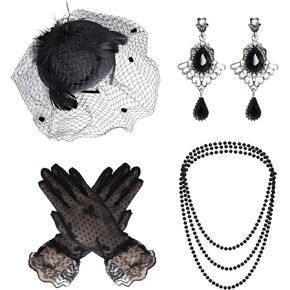 Heliltd 4Pcs Fascinators Hat and Gloves for Women Black Pillbox Hat with Veil Tea Party Accessories for Women