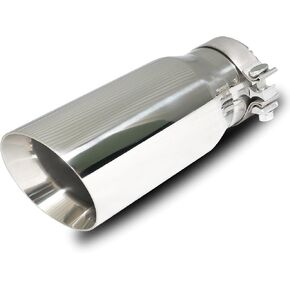 Exhaust Tip 4 Inch inlet to 5 Inch Outlet 12 Inch Overall Length with Clamp Stainless Steel Universal 4" Exhaust Tail Tip with Double Wall Slant Cut for 4" Outside Diameter Exhaust Tailpipe