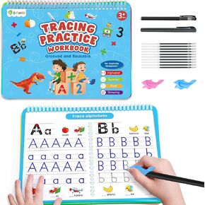 D-FantiX 4 in 1 Large Magic Groove Practice Copybook, Reusable Grooved Handwriting Workbooks, Number Alphabet Tracing Books for Kids Ages 3-8, Handwriting Practice for Kids Kindergarten Preschool
