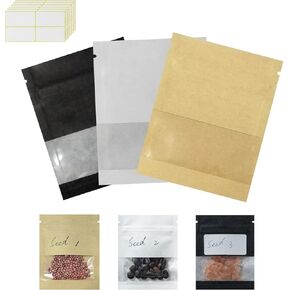 100 Pcs 3 Colors Clear Window Small Resealable Packets with 120 Pcs Labels Writable Kraft Paper Seed Coin Envelopes Bags for Sample Travel Collection Snacks Food (2.75x3.54 inch)