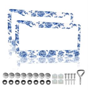 Blue Floral License Plate Frame - 2 Packs Universal Stainless Steel Car License Plate Frames Covers Holder Rustproof for Men Women