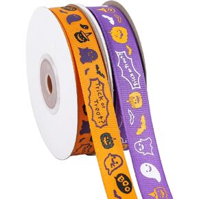 2 Rolls 50 Yards Halloween Ribbon 5/8 Inch Wide, Orange Purple Grosgrain Ribbon with Pumpkins Ghost Bat Pattern for Gift Wrapping, Sewing DIY Crafts Halloween Party Decoration (Halloween)