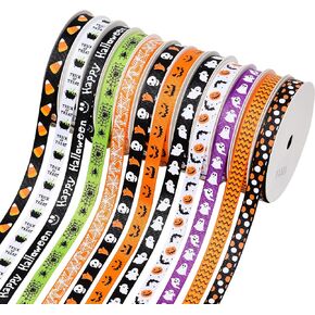 YAMA Halloween Ribbon Thin Grosgrain 3/8 Inches Ribbon Set for Crafts Gift Wrapping Home Decor 12 Rolls 60 Yards