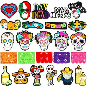 25 | 50PCS Anime Day of the Dead Mexican Fiesta Shoe Charms Fits for Croc Clog Sandals, Cute Shoes Decorations Accessories for Boy Girl Adults Women Men