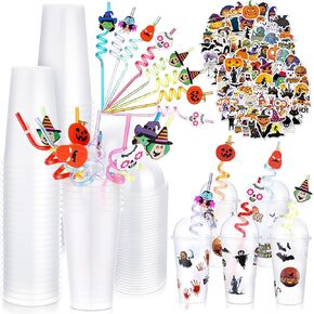 Sliner 149 Pcs Halloween Party Favor 25 Halloween Disposable Plastic Cups 16 oz Clear Party Cup with Lid 24 Pumpkin Witch Skull Straw 100 Boo Bat Spider Gnome Sticker for Trick or Treat Party Supplies