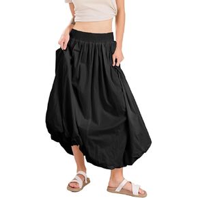 chouyatou Women's Summer Y2k Bubble Maxi Long Skirt Puffy Ruffle High Waist A-Line Smocked Skirt