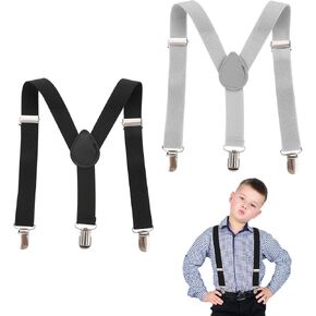 2 Pcs Suspenders For Kids Y-Back Toddlers Suspenders For Boys Girls Adjustable Grey Black Kids Suspenders Boys With Strong Metal Clips Elastic Suspender Set Solid Color (Black Grey)