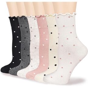 Mcool Mary 6 Pairs Women's Ruffle Socks,Casual Ankle Breathable Cool Knit Cotton Cute Polka Dot Crew Sock 6 Pack