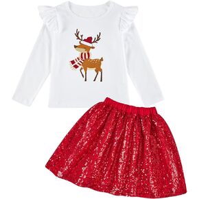 RAISEVERN Girls Christmas 2 Piece Outfit Glitter Skirt Sets and Ruffles Long Sleeve Shirts Tops Clothes 2-6 Years