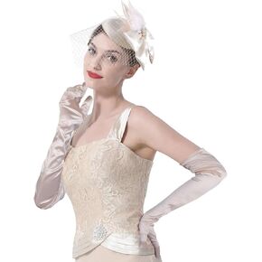 CROWN GUIDE Fascinators Hat Wedding Tea Party Church Headwear Derby Hats Satin Long Gloves Set for Women Kentucky Cocktail