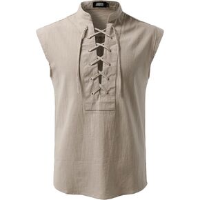 JOGAL Mens Renaissance Shirt Pirate Medieval Sleeveless Halloween Costume Steampunk Viking Lace-up Stand Collar Shirts