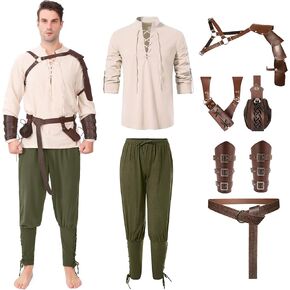 8 Pcs Men's Renaissance Pirate Costumes Halloween Medieval Shirt Pants Viking Costume Accessories Set Cosplay
