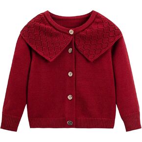 Riclena Girls Cardigan Sailor Neck Ruffled Solid Cute Front Button Down Knit Christmas Sweaters