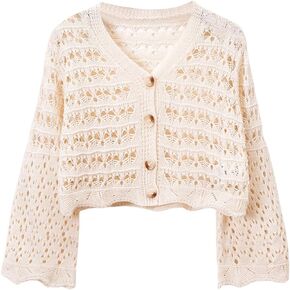 SweatyRocks Girl's Crochet Knit Cardigan V Neck Button Up Crop Sweater