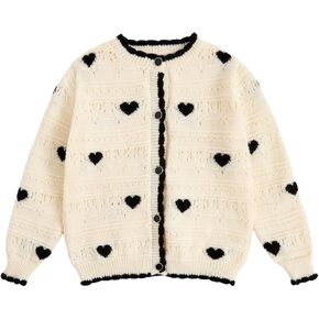 GORGLITTER Girl's Long Sleeve Button Front Cardigan Heart Pattern Frill Trim Knit Outwear