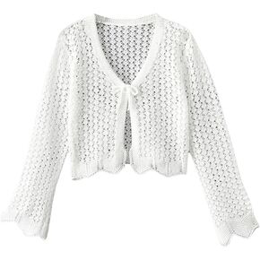 Verdusa Girl's Tie Front Long Sleeve Hollow Out Knitted Crop Cardigan Shrug