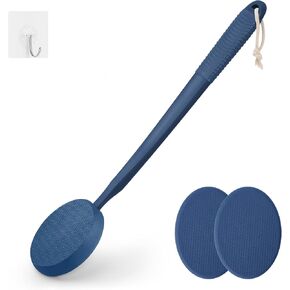 Lotion Applicator for Back, Feet & Legs, Long Plastic Handle Moisturizer Cream, Self Tanning, Sunscreen, Ointment, Medicine Back Applicator for Elderly, Men or Women with 3 Washable Pads (Navy Blue)