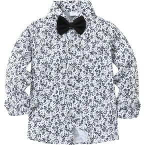 YALLET Boys Long Sleeve Shirts Button Down Print Dress Wedding Outfits Formal Casual Clothes with Bow Tie 5-10T