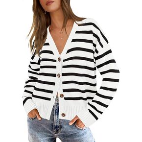 MEROKEETY Women's 2024 Long Sleeve Fall Cardigan Sweaters Striped Button Down V Neck Open Front Knit Outerwear