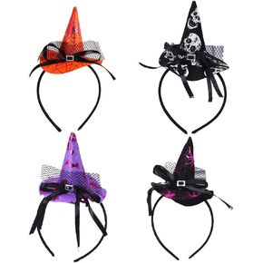 4Pcs Halloween Witch Headband, Spider,Ghost Bat Headband,Witch Hat,Halloween Headpiece Party Cosplay Decoration Accessories for Women Kids Adults