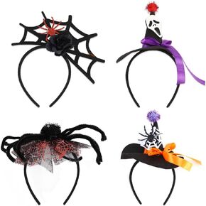 4Pcs Halloween Headband, Spider,Ghost Headband,Witch Hat,Halloween Headpiece Party Cosplay Decoration Accessories for Women Kids Adults