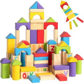 Alphabet Number Wooden Building Blocks Set - 100 Blocks in 5 Colors and 7 Shapes. Preschool Kids Baby Toys with Non-Toxic Water Paint. Stacking Learning Toys for Toddlers Age 18 Months +
