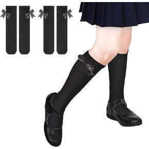 Girls Socks, Knee High Socks for Girls Long Socks with Bows Cotton School Uniform Socks for 4-12 Years, 2 Pairs