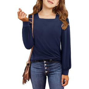 Yoklass Girls Casual Square Neck Shirts Long Sleeve Tunic Tops Loose Solid Blouses 4-13 Years